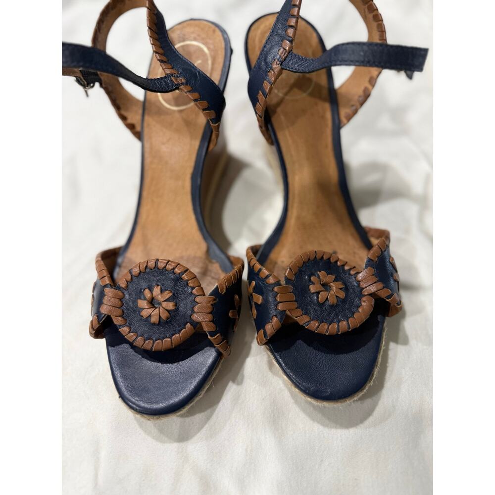 Jack Rogers Navy Leather Wedge Sandals Size 10 Coastal Resort Vacation Summer - Picture 3 of 6